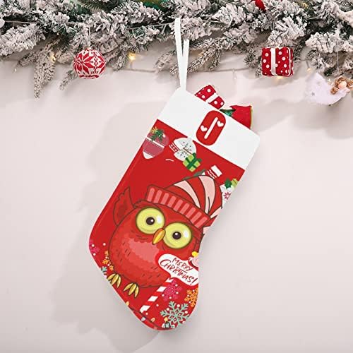 Monogram Santa Owl Christmas Stocking com letra O e coração 18 polegadas grandes vermelhas e brancas