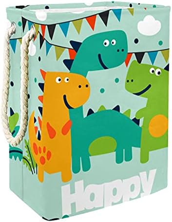 Dinossauros fofos Feliz aniversário, grande cesto de lavanderia com maçaneta de transporte fácil, cesta de lavanderia