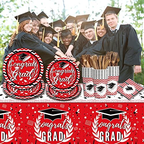 Katchon, placas de graduação vermelha e preta e guardanapos 2023 - pacote de 176 | Parabéns Placas de graduação e guardanapos, xícaras | Decorações de graduação vermelha e preta 2023 | Decorações de graduação vermelha classe de 2023