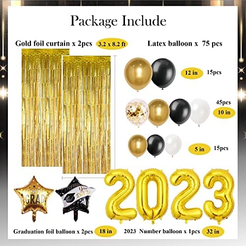 Decorações de graduação Classe de 2023, incluindo pano de fundo de parabéns, arco de balão, estamos muito orgulhosos de sua banner, 2023 Balões de papel alumínio, cortina de franja de papel dourada, decorações de graduação em preto e dourado.