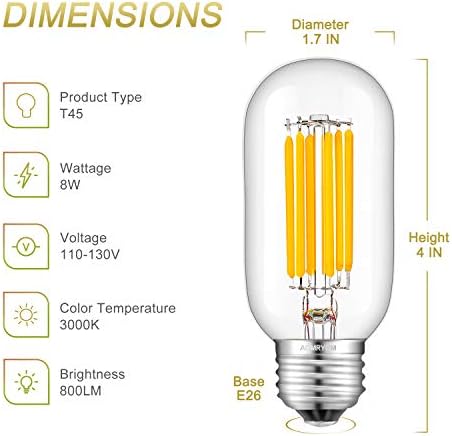 AOMRYOM 8W Bulbo tubular LED de 8W 3000k branco quente, 80 watts equivalente a 800 lúmen, base média E26, lâmpadas de filamento