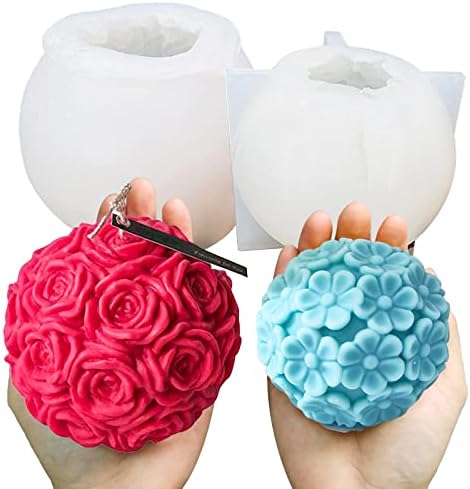 Wehous 2pcs grandes moldes de vela de bola de flores, 3D Silicone Mold Rose Daisy Ball Fondant Chocolate Mold resina epóxi molde