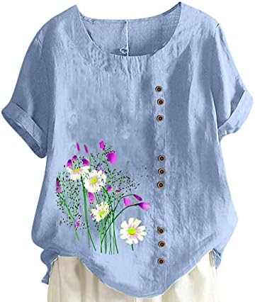 Camiseta superior para meninas adolescentes de linho curto cotonete de algodão pescoço margarida papoula de gráfico floral casual