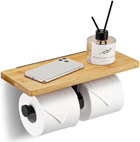 Kes Double Hanit Paper Selder com prateleira de bambu, suporte preto de papel higiênico de papel higiênico de papel higiênico