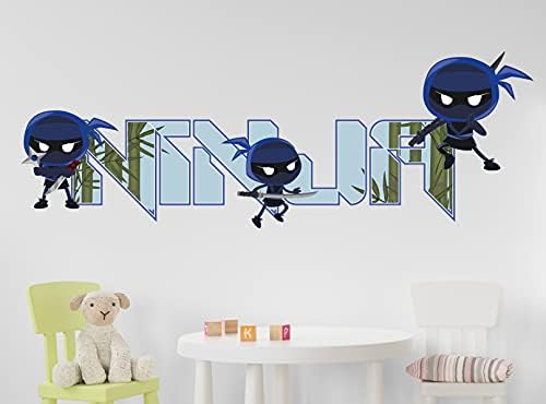 Decalque de parede ninja fofo, nome personalizado, adesivo de parede de berçário azul ninja, impressão 3D, papel de parede 3D,