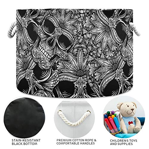 Grande cesta de armazenamento redondo - Black White Tattoo Skull Canvas de lavanderia Torno de armazenamento de brinquedos
