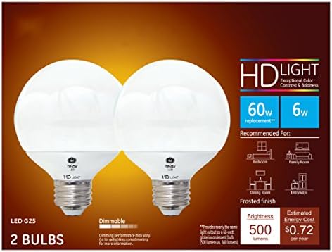 Iluminação GE 92239 LED Relax HD 6, lâmpada G25 de 500 lúmen com base média, macia, 2 pacote, branco fosco, 2 contagem