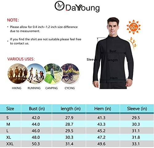 Dayoung Mens Zip Pullover UPF 50+ Proteção solar Sun Manga longa Pesca de camiseta ao ar livre T-shirt