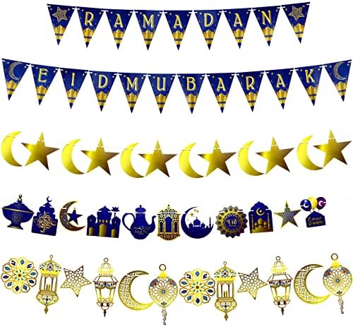 5 PCs Ramadan Eid Mubarak Banners Ramadan Mubarak Party Decoration Supplies for Home Gold and Blue Eid Mubarak Decorações