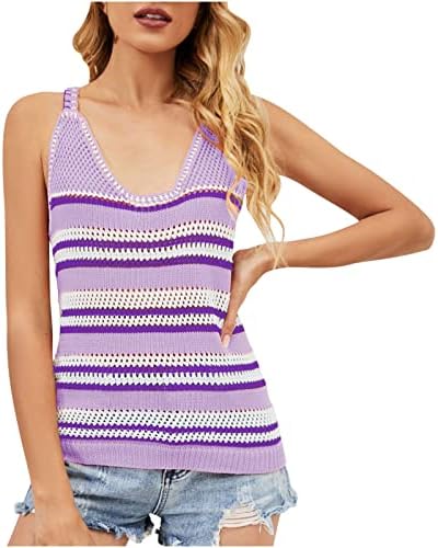 Mulher feminina malha listrada Cami Top Spaghetti Strap Camisole Sleeseless Shirt Casual Bloups para férias de verão