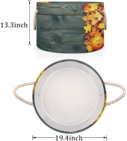 Folhas de outono Pumpkin Velho de madeira grande cestas redondas para cestas de lavanderia de armazenamento com alças cestas de armazenamento