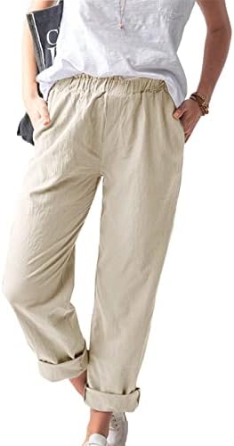 Calças de linho de algodão para mulheres calças casuais de verão com bolsos soltos de cordão solto estiramento sólido de cintura alta calças de praia