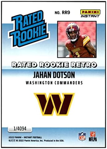 JAHAN DOTSON RC 2022 Panini Instant classificado como estreante Retro RR9 Comandantes NM+ -MT+ NFL Football