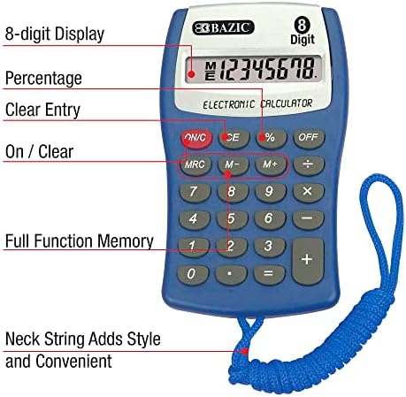Calculadora de tamanho de bolso bazic de 8 dígitos com corda de pescoço, exibição LCD, calculadoras eletrônicas de função