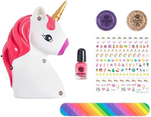 Angel Acade -Me by Anker Play Products, Magical Unicorn Unh Nail Art Kit - Conjunto de unhas de unicórnio infantil - Criação personalizada da arte - inclui secador de unhas rápido, 160 adesivos de unhas, frascos de brilho e arquivo de unhas