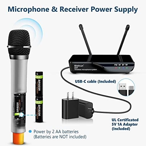 Microfone sem fio Bietrun com eco, agulha, baixo e Bluetooth, faixa de 160 pés, UHF portátil duplo sistema de microfone dinâmico de
