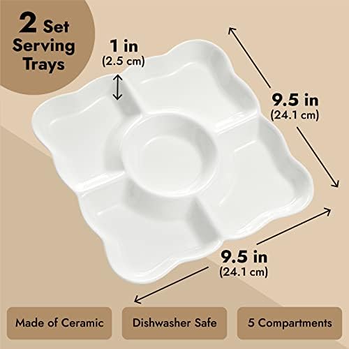 Conjunto de 2 aperitivos de porcelana que servem bandejas, pratos divididos reutilizáveis ​​de 5 compartimentos para placas de