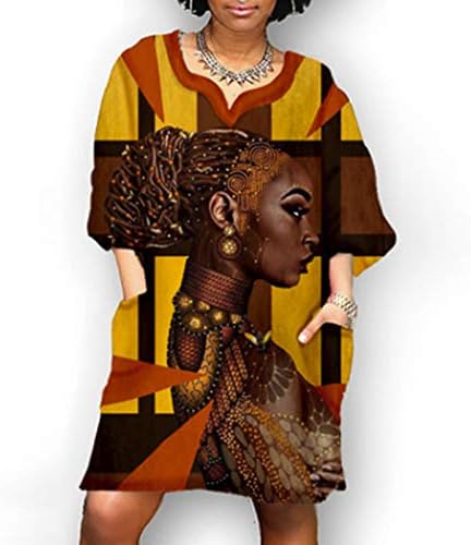 Vestido casual de verão feminino vintage de estampa africana pescoço de manga média vestido curto solto vestido de