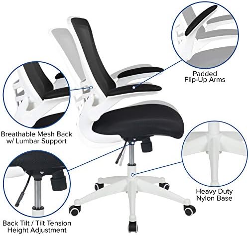 Flash móveis Kelista Mid-zagueiro preto malha giratória Tarefa ergonômica Cadeira de escritório com moldura branca e braços flip-up