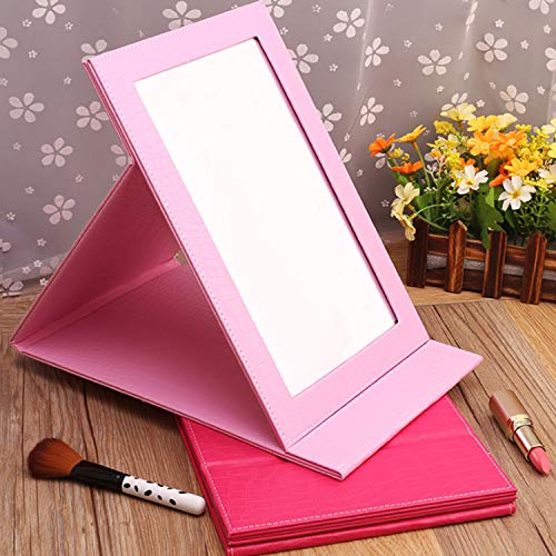 Mouyor portátil espelho dobrável portátil, espelho dobrável de desktop com rosa-rosa de couro PU ajustável