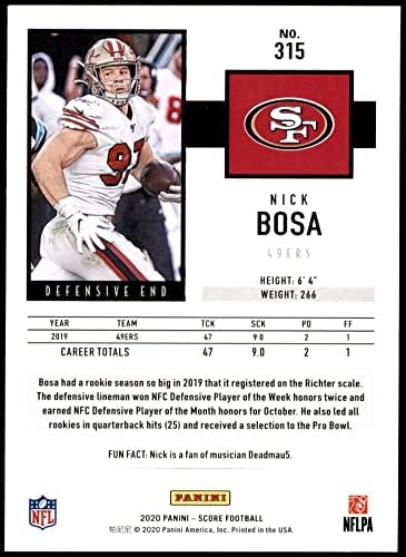 2020 Pontuação 315 Nick Bosa São Francisco 49ers NM/MT 49ers Ohio St St.