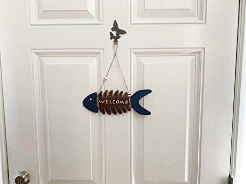 Yumbor Peixe de madeira bem -vindo sinal de arte na parede náutica, pendurando peixe vintage ornamento de casa banheiro de escritório