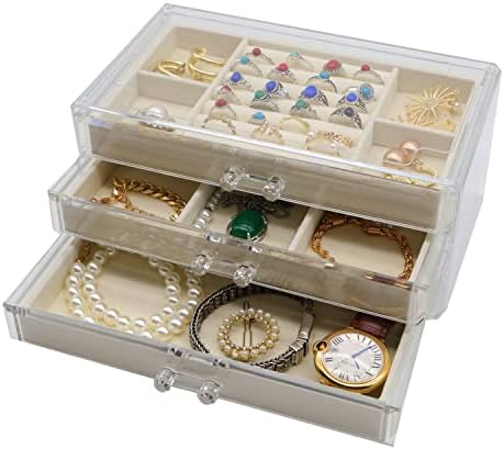 Organizador de jóias de acrílico DQUTAR com 3 gavetas, caixa de jóias de veludo transparente para anel de colar de brinco e estojo