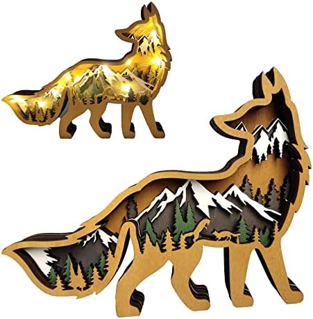 Estátuas de animais da floresta 3D decoração de madeira com raposa com clara, estátuas de parede de madeira de madeira e