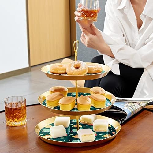 Dragonbtu 3 Cupcake Stand com Rod Gold Rod Plástico Tower Tower Tower Tower Bandeja de desenho animado Folhas de