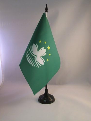 AZ Flag da Macau Table Bandeira 5 '' x 8 '' - Bandeira da mesa macanesa 21 x 14 cm - palito de plástico preto e base