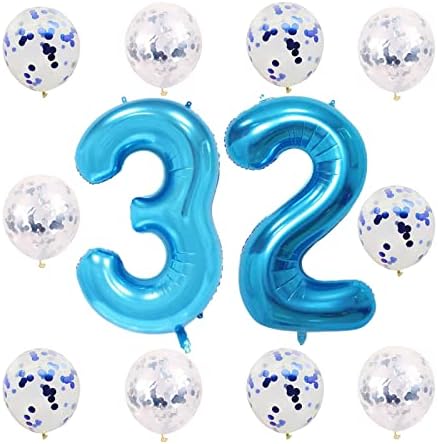12pcs Blue Balloon Conjunto Número 32 Gigante do kit de balão 32 FOIL DIGITAL FOIL BALOON FAVORES DE FESTO DE BOLOONOLONO DE HELIUM LATEX PARA 32º aniversário do aniversário de casamento FOTOGENS, 32ª festa de aniversário