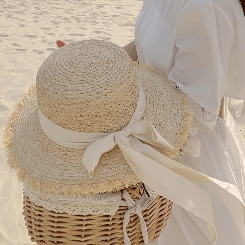 ZSEDP Mulheres de verão chapéu de sol chapéu de fita de arco Panamá o chapéu de praia de férias ao ar livre