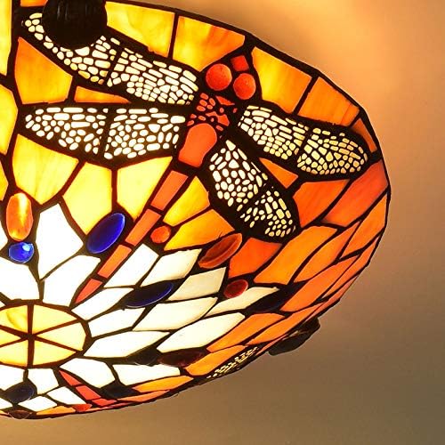 Judu vintage estilo tiffany manchado dragonfly nivelado luminária de teto de montagem com manchado tom de vidro pendurado lâmpadas