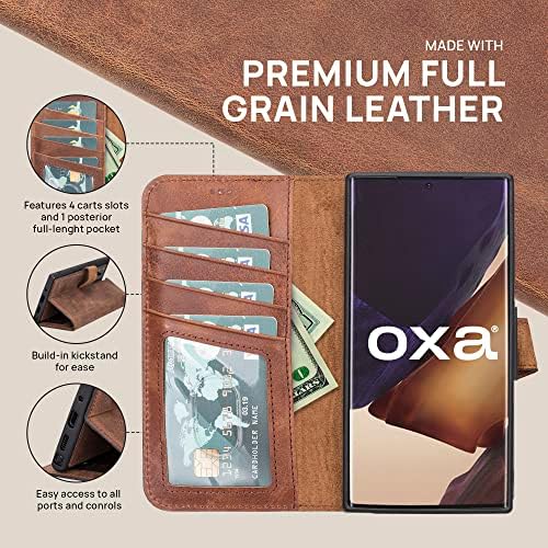 OXA Leather Samsung Galaxy Note20 Caixa de telefone da carteira de couro de grãos cheios, uso destacável 2in1, Kickstand Brown