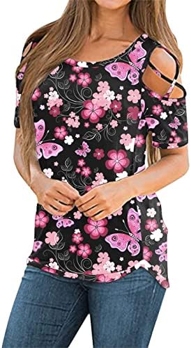 Camiseta con estampado de Flores BLUSA manga cortta con hombros descebiertos para mujer camiseta cuello redondo 2023