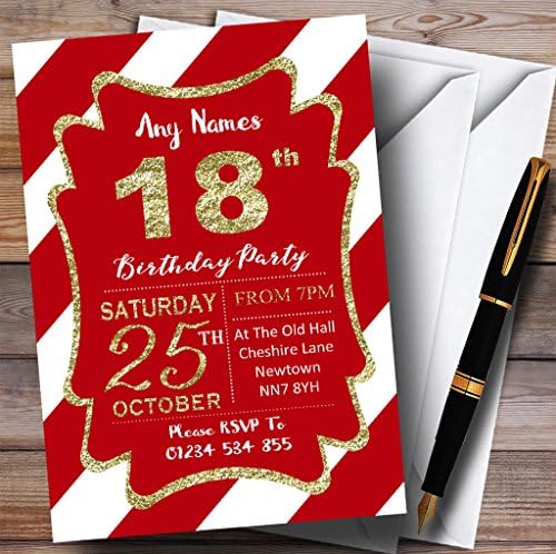 Red White Diagonal Stripes Gold 18th Personalized Birthday Party convites