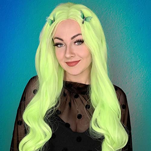 Neon verde cacheado de cabelo real peruca fluorescente verde artesanato de renda sintética perucas dianteiras para mulheres ondas longas ondas