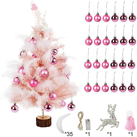 Fonzci de 24 polegadas Mini Árvore de Natal Artificial, Árvore de Natal Rosa Combatinha Com Luzes de Corda LED e Kit de Decoração