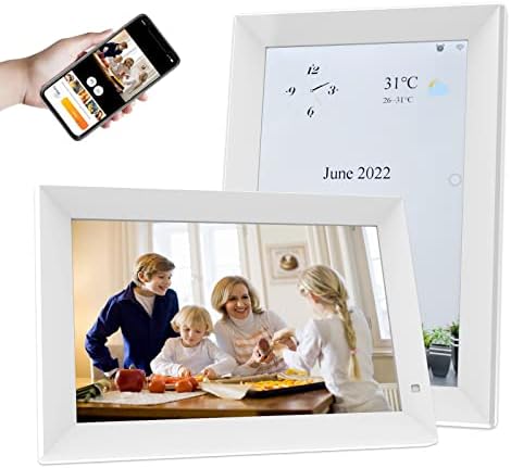 Quadro de foto digital WiFi 10,1 polegadas, moldura de imagem digital com calendário digital e despertador inteligente, grande quadro inteligente Compartilhar fotos e vídeos instantaneamente por aplicativo ou email, branco