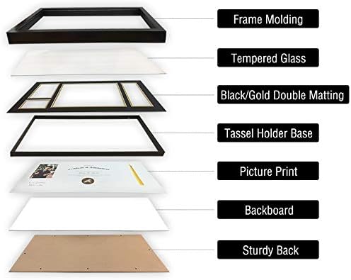 Golden State Art, estrutura de diploma preto 11x22 com suporte de borla para diploma de 8,5x11 e foto 4x6 com madeira
