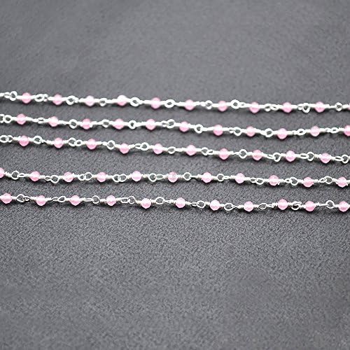 1 ft Rose Chalcedony Rondelle Rosary Chain, 2-2,5 mm, Cadeia de cordas embrulhadas de arame banhado a prata