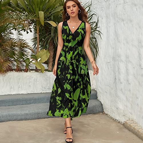 Folhas voadoras verdes folhas femininas longas femininas sem mangas v tanque de pescoço maxi vestido de praia vestidos