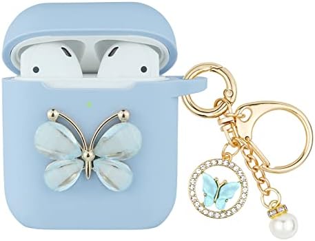 Caso Airpods de Butterfly Butterfly WonHibo, Silicone Girls Blue Designer Capa para Apple AirPod 1 e 2 com chaveiro