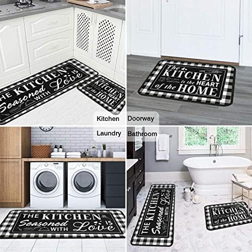2 peças Buffalo xadrez preto e branco Conjunto de tapete de cozinha, tapetes e tapetes de cozinha em casa Tapetes de microfibra de