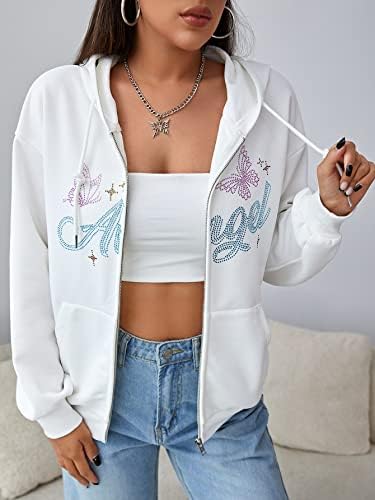 Eulify Sweetshirts for Women Rhinestone Butterfly e Letter Pattern desfkping capuz de cordão ou mulheres