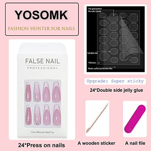 Yosomk ombre French Tip Press On Unhas Long Rosa Glitter Falso Unhas Falsas Strnds Pressione Pressione no Coffin unhas Artificiais