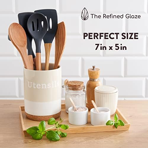 The Refined Glaze Farmhouse Utensil Holder - Organizador de utensílios de barro de barro para bancada de cozinha mantém utensílios de cozinha organizados bege