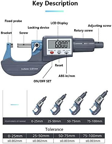 Uoeidosb 0-25mm de alta precisão de alta precisão externa Micrômetro externo Precisão de 0,001 mm Display LCD eletrônico na ferramenta de medição de micro-medidores/mm