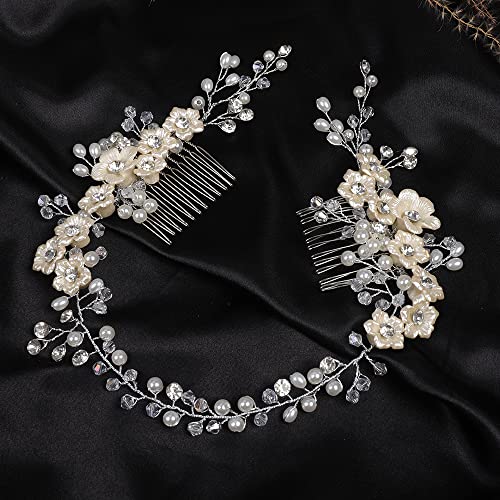 Beryuan Bridal White Flores Cristal Pearl Pote de cabelo Prata Acessórios para cabelos para mulheres e meninas