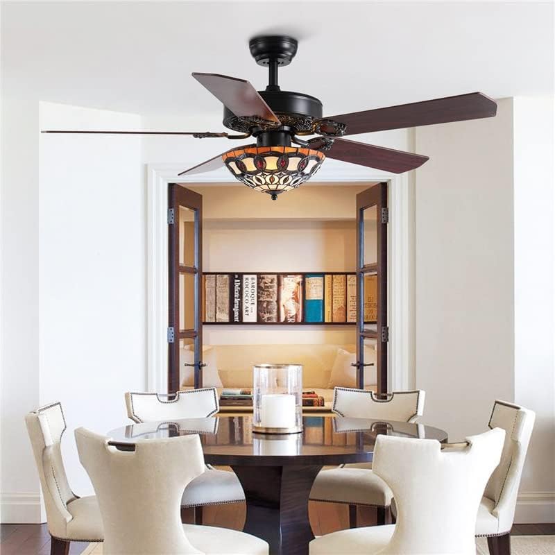 Fandelador retrô com lâminas de madeira preta reversível remotas Tiffany Glass Teto Fan Light para sala de estar na sala de